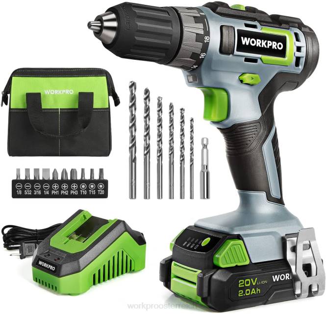20-V-Akku-Bohrschrauber-Kit, 2,0-Ah-Li-Ionen-Akku, 1-Stunden-Schnellladegerät und 11-Zoll-Aufbewahrungstasche im Lieferumfang enthalten WORKPRO V02J176 Grün Werkzeug