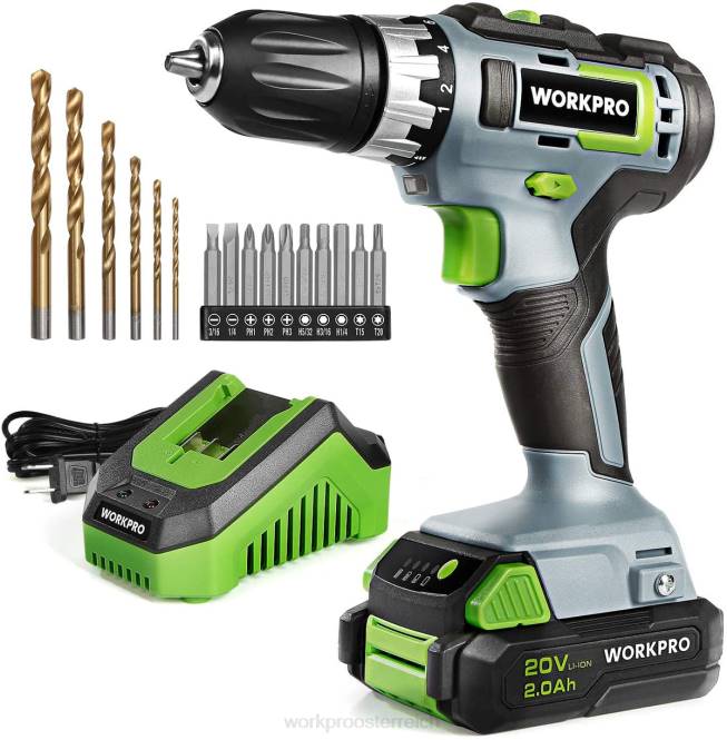 20-V-Akku-Bohrschrauber-Set mit variabler Geschwindigkeit, 18+2 Drehmomenteinstellungen, 2,0-Ah-Lithium-Ionen-Akku und 1-Stunden-Schnellladegerät WORKPRO V02J172 morden Werkzeug