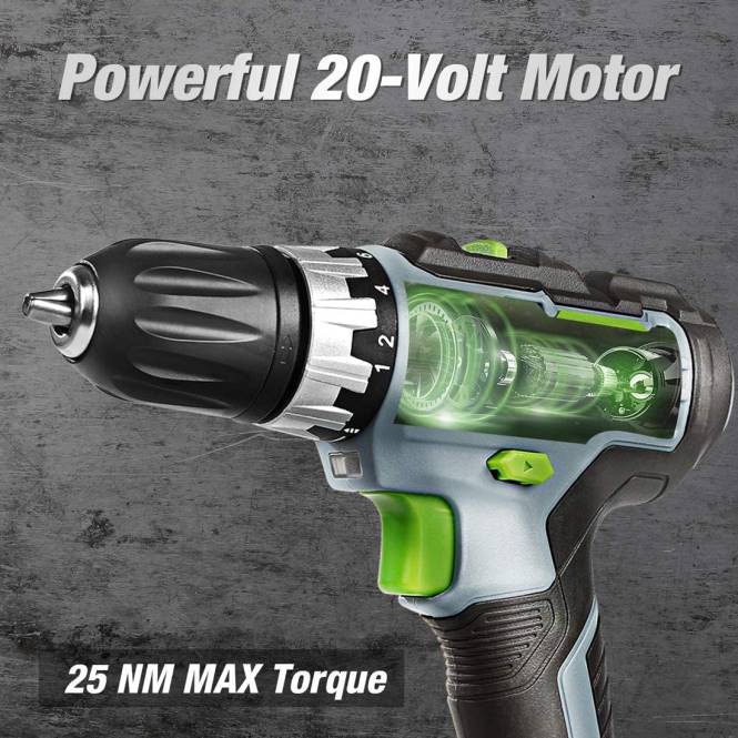 20-V-Akku-Bohrschrauber-Set mit variabler Geschwindigkeit, 18+2 Drehmomenteinstellungen, 2,0-Ah-Lithium-Ionen-Akku und 1-Stunden-Schnellladegerät WORKPRO V02J172 morden Werkzeug