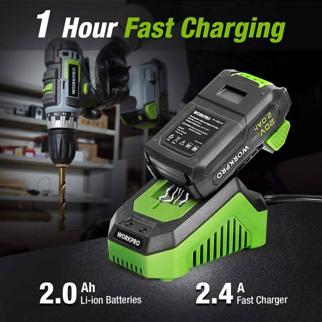 20-V-Akku-Bohrschrauber-Set mit variabler Geschwindigkeit, 18+2 Drehmomenteinstellungen, 2,0-Ah-Lithium-Ionen-Akku und 1-Stunden-Schnellladegerät WORKPRO V02J172 morden Werkzeug
