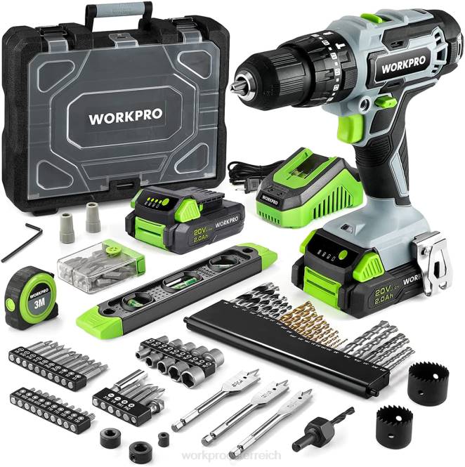 20-V-Max-Akku-Bohrschrauber-Set, Elektro-Schlagbohrmaschine mit 102 Zubehörteilen, 2 x 2,0-Ah-Li-Ionen-Akkus mit Schnellladegerät WORKPRO V02J170 nützlich Werkzeug