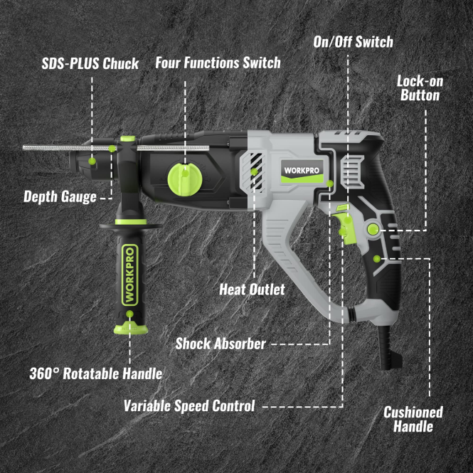 7,5 A 1-1/4 Zoll Premium SDS-Plus Bohrhammer, leichte kabelgebundene Version WORKPRO V02J178 nützlich Werkzeug