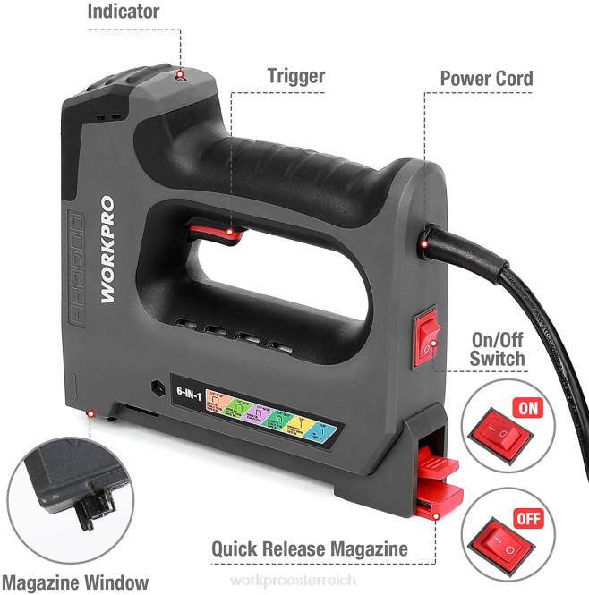 110 V 6-in-1-Elektrotacker für Heimwerkerprojekte in der Holzbearbeitung WORKPRO V02J167 nützlich Werkzeug