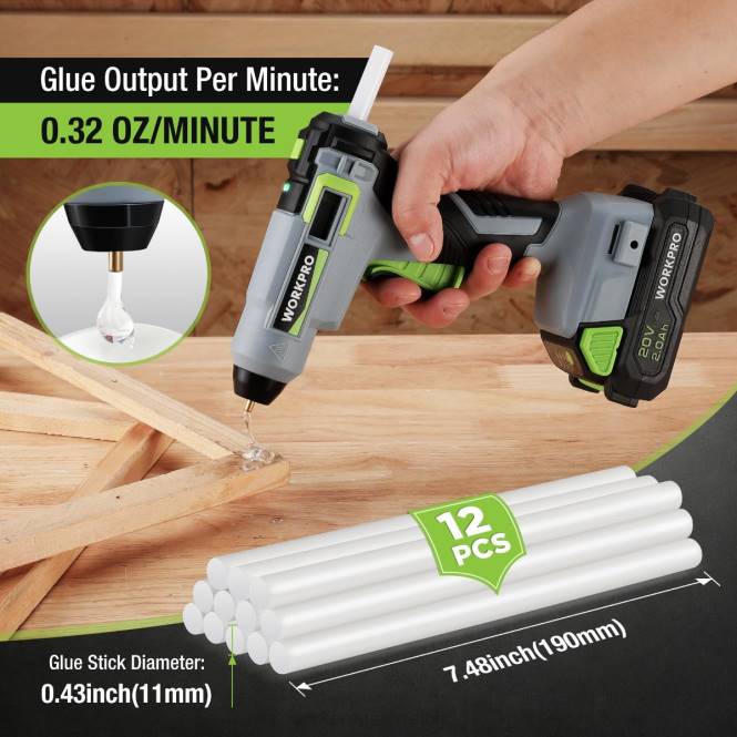 Akku-Heißklebepistolen-Set mit 12 Klebestiften, 20 V 2,0 Ah Li-Ionen-Akku WORKPRO V02J165 nützlich Werkzeug