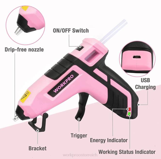 Kabellose, schnell schmelzende Mini-Klebepistole mit 20 Premium-Klebestiften WORKPRO V02J163 Blau Rosa Werkzeug