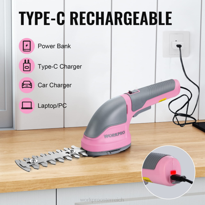 2-in-1-Hand-3,6-V-Elektro-Akku-Gebüschschneider, Heckenschere/Grasschneider WORKPRO V02J268 rosa/grün/weiß Werkzeug
