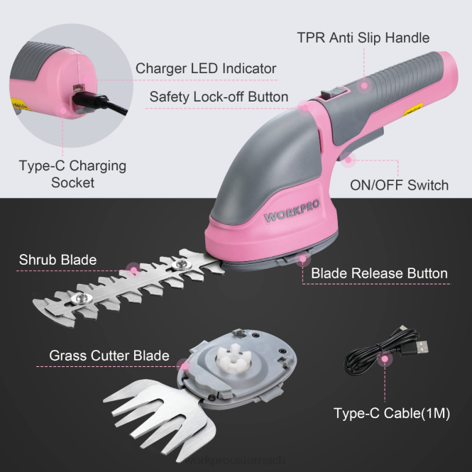 2-in-1-Hand-3,6-V-Elektro-Akku-Gebüschschneider, Heckenschere/Grasschneider WORKPRO V02J268 rosa/grün/weiß Werkzeug