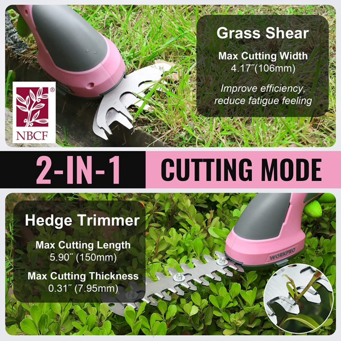 2-in-1-Hand-7,2-V-Elektro-Akku-Gebüschschneider, Heckenschere/Grasschneider WORKPRO V02J269 rosa/grün/weiß Werkzeug