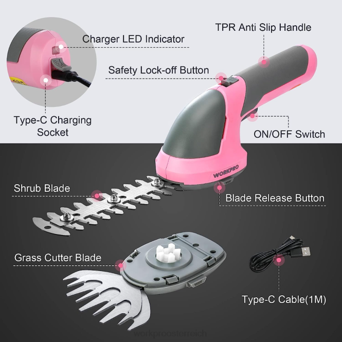 2-in-1-Hand-7,2-V-Elektro-Akku-Gebüschschneider, Heckenschere/Grasschneider WORKPRO V02J269 rosa/grün/weiß Werkzeug