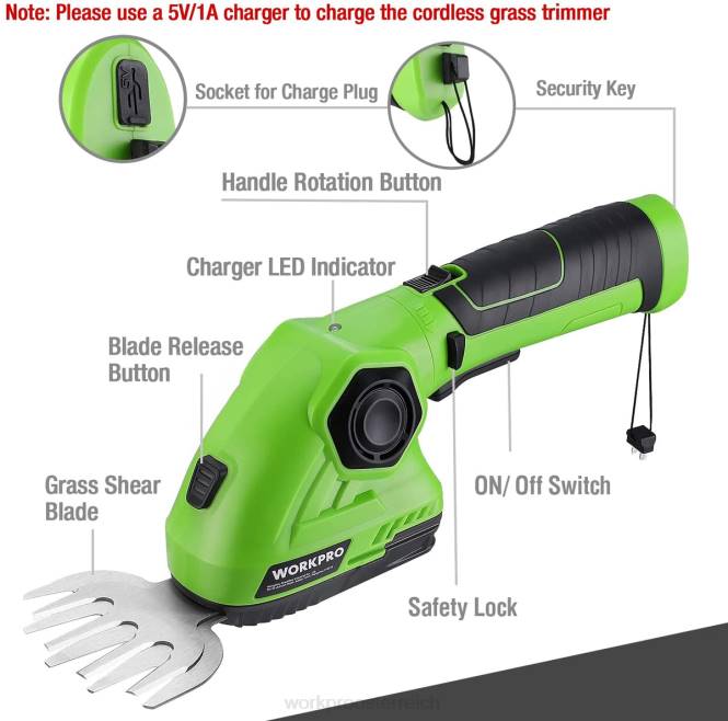 Akku-Grasschere und Strauchschneider 2-in-1-Handheckenschere 7,2 V elektrische Rasentrimmer-Heckenschere WORKPRO V02J297 Grün Weiß Werkzeug