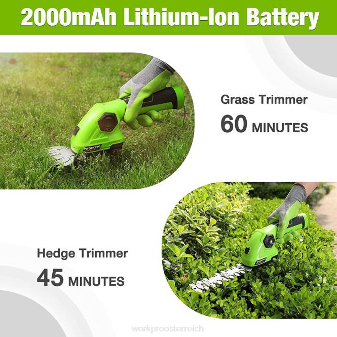 Akku-Grasschere und Strauchschneider 2-in-1-Handheckenschere 7,2 V elektrische Rasentrimmer-Heckenschere WORKPRO V02J297 Grün Weiß Werkzeug
