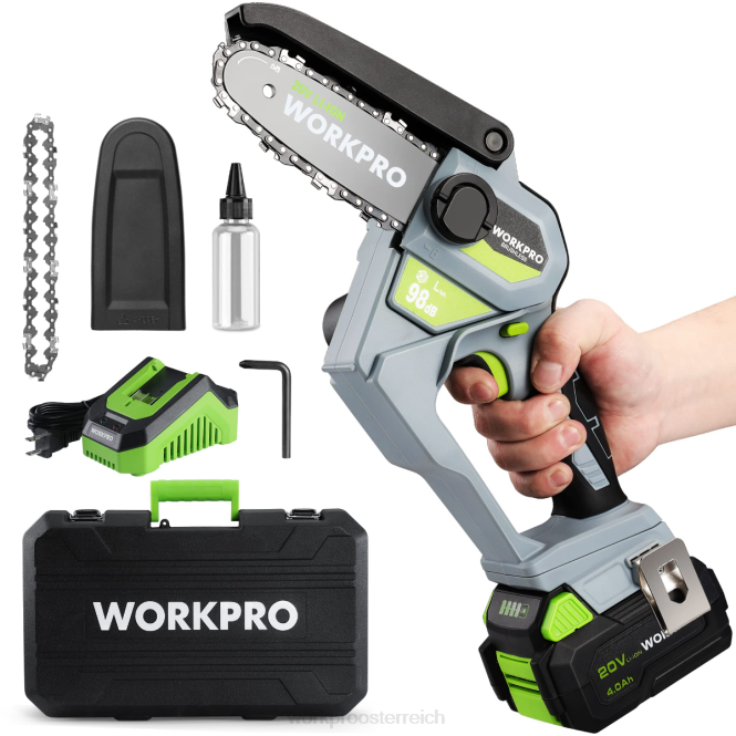 Bürstenlose, kabellose 20-V-Kompaktkettensäge mit 4,0-Ah-Akku und Ersatzkette WORKPRO V02J298 morden Werkzeug