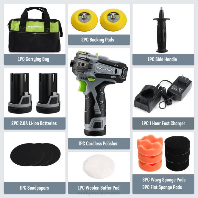 12-V-Akku-Polierer, Mini-Auto-Polier- und Schleifmaschinen-Set mit 2 Li-Ionen-Akkus WORKPRO V02J229 nützlich Werkzeug