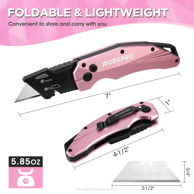 Klappbares Allzweckmesser aus Aluminium, inklusive 10 Ersatzklingen WORKPRO V02J54 Rosa Werkzeug