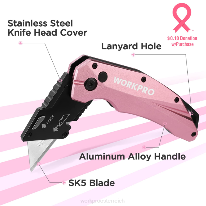 Klappbares Allzweckmesser aus Aluminium, inklusive 10 Ersatzklingen WORKPRO V02J54 Rosa Werkzeug