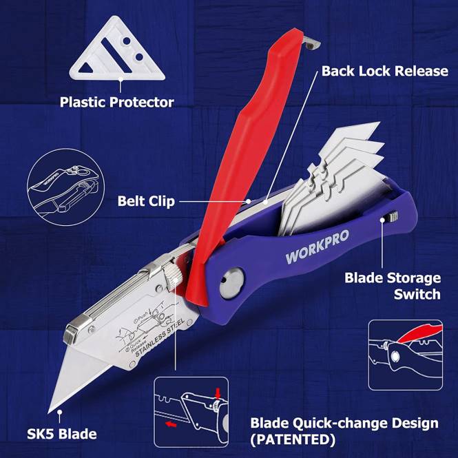 Klappbares Allzweckmesser mit Back-Lock-Schnellwechsel-Kistenschneider mit Gürtelclip WORKPRO V02J46 morden Werkzeug