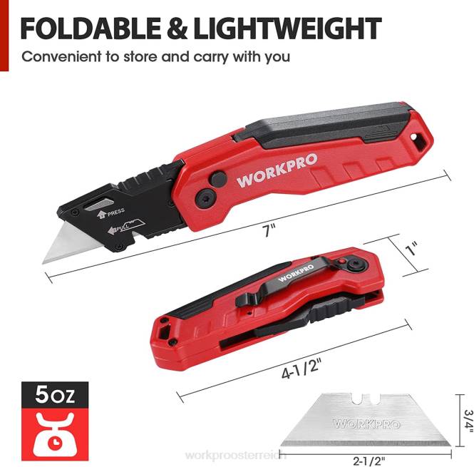 Klappbares Universalmesser, Schnellwechsel-Boxcutte, 13 zusätzliche Klingen im Lieferumfang enthalten WORKPRO V02J52 blau/rot/rosa Werkzeug