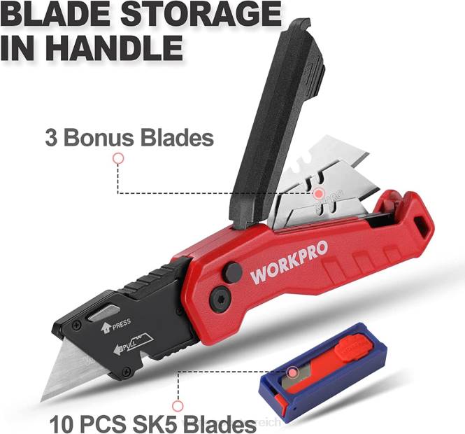 Klappbares Universalmesser, Schnellwechsel-Boxcutte, 13 zusätzliche Klingen im Lieferumfang enthalten WORKPRO V02J52 blau/rot/rosa Werkzeug