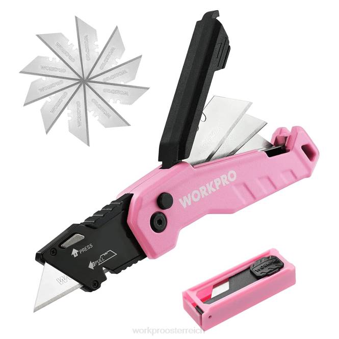 Klappbares Universalmesser, Schnellwechsel-Boxcutte, 13 zusätzliche Klingen im Lieferumfang enthalten WORKPRO V02J52 blau/rot/rosa Werkzeug