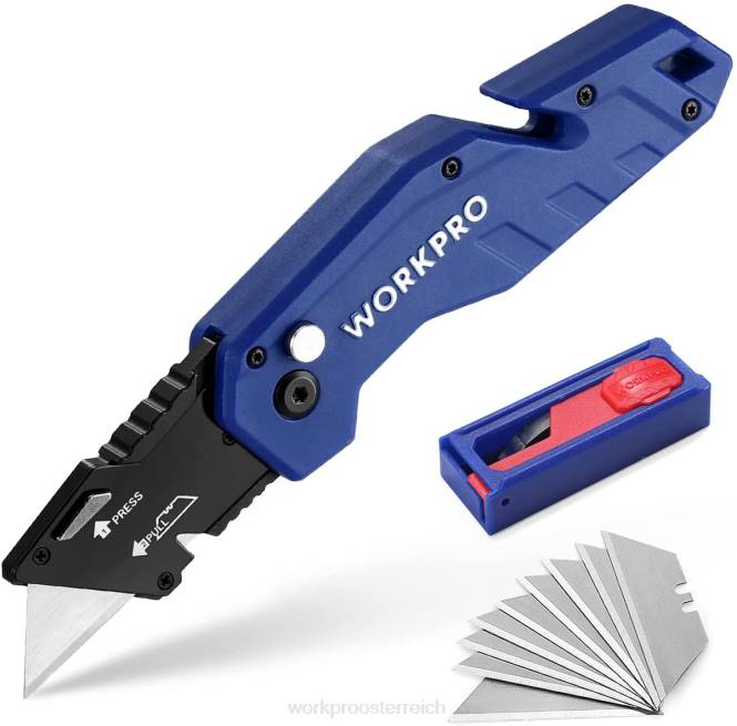Klappbares Universalmesser, leichter Allzweckschneider mit Nylongriff und 10-teiligen Zusatzklingen WORKPRO V02J38 rot/blau/schwarz Werkzeug