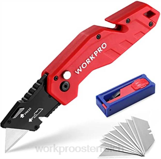 Klappbares Universalmesser, leichter Allzweckschneider mit Nylongriff und 10-teiligen Zusatzklingen WORKPRO V02J38 rot/blau/schwarz Werkzeug
