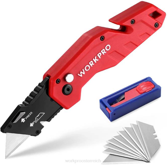 Klappbares Universalmesser, leichter Allzweckschneider mit Nylongriff und 10-teiligen Zusatzklingen WORKPRO V02J38 rot/blau/schwarz Werkzeug