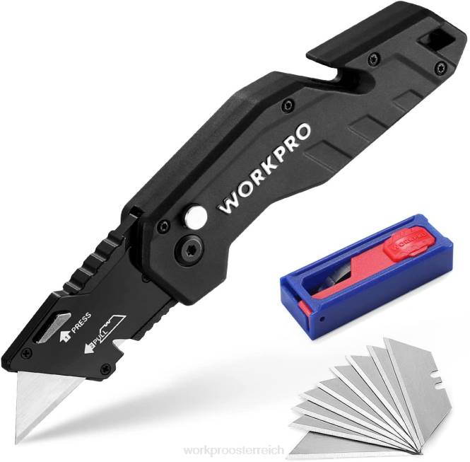 Klappbares Universalmesser, leichter Allzweckschneider mit Nylongriff und 10-teiligen Zusatzklingen WORKPRO V02J38 rot/blau/schwarz Werkzeug