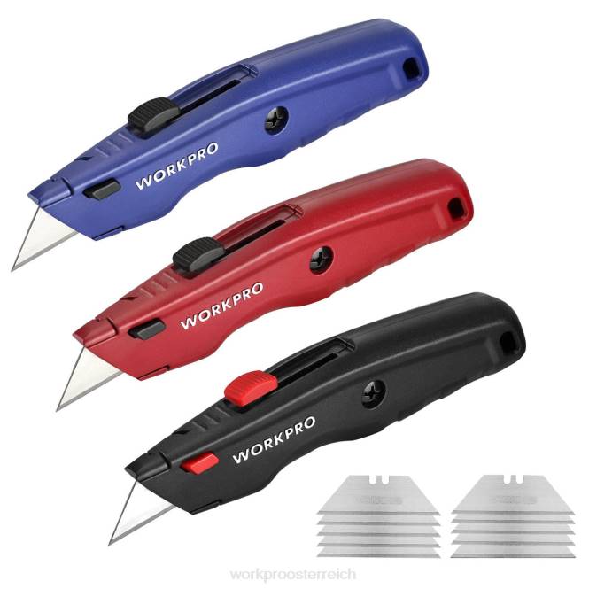 Premium-Allzweckmesser, einziehbarer Hochleistungs-Kistenschneider aus Ganzmetall, Rasiermesser mit Schnellwechselklinge und 10 zusätzlichen Klingen WORKPRO V02J51 schwarz/blau/rot Werkzeug
