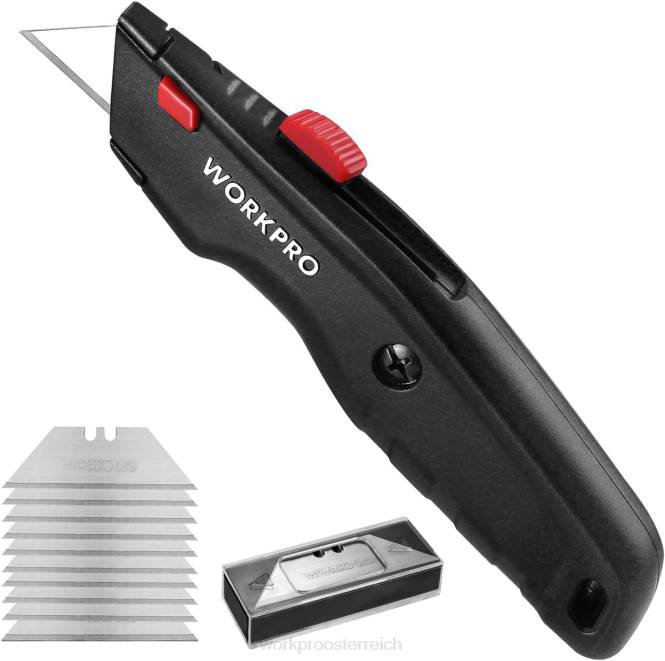 Premium-Allzweckmesser, einziehbarer Hochleistungs-Kistenschneider aus Ganzmetall, Rasiermesser mit Schnellwechselklinge und 10 zusätzlichen Klingen WORKPRO V02J51 schwarz/blau/rot Werkzeug