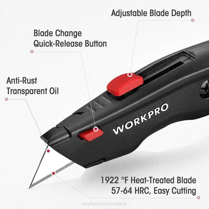 Premium-Allzweckmesser, einziehbarer Hochleistungs-Kistenschneider aus Ganzmetall, Rasiermesser mit Schnellwechselklinge und 10 zusätzlichen Klingen WORKPRO V02J51 schwarz/blau/rot Werkzeug