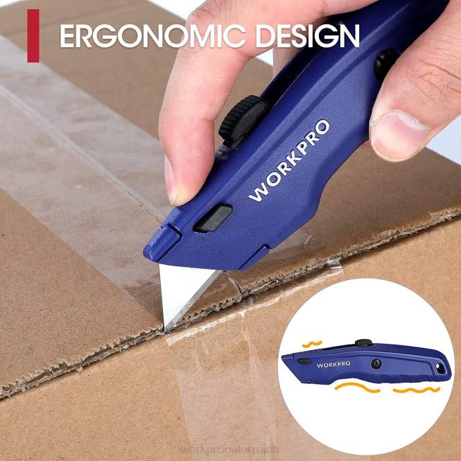 Premium-Allzweckmesser, einziehbarer Hochleistungs-Kistenschneider aus Ganzmetall, Rasiermesser mit Schnellwechselklinge und 10 zusätzlichen Klingen WORKPRO V02J51 schwarz/blau/rot Werkzeug