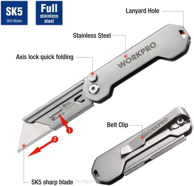 Schnellwechselbares, faltbares Taschenmesser, Mini-Klappmesser aus Edelstahl mit Gürtelclip WORKPRO V02J47 neu Werkzeug