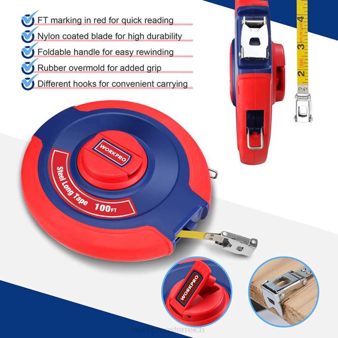 100-Fuß-Maßband, langes Stahlband mit geschlossener Spule und klappbarem Griff, stoßfestes Gehäuse WORKPRO V02J106 neu Werkzeug