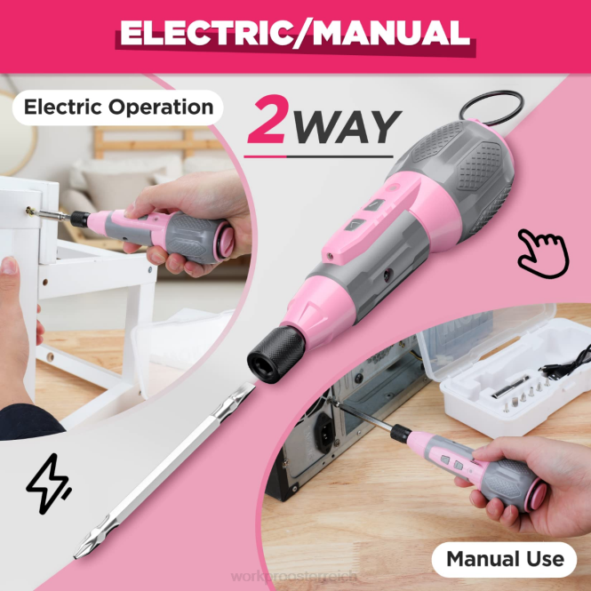 Akku-Schraubendreher-Set mit wiederaufladbarem 4-V-USB-Lithium-Ionen-Akku WORKPRO V02J236 rosa/weiß Werkzeug
