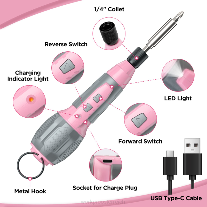 Akku-Schraubendreher-Set mit wiederaufladbarem 4-V-USB-Lithium-Ionen-Akku WORKPRO V02J236 rosa/weiß Werkzeug