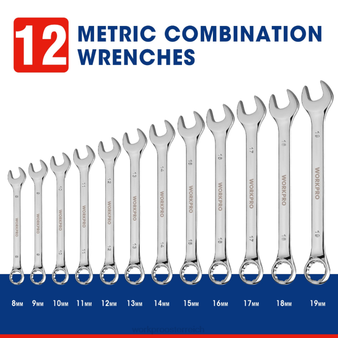 12-teiliger metrischer 8-19-mm-Premium-Cr-V-Maulschlüsselsatz WORKPRO V02J95 neu Werkzeug