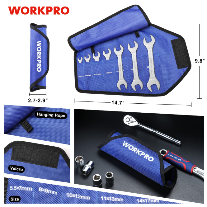 7-teiliges, metrisches, superdünnes Schraubenschlüsselset mit aufrollbarer Organizer-Tasche WORKPRO V02J96 hilfreich Werkzeug