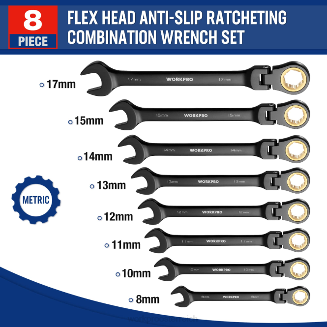 8-teiliger Ratschen-Gabelschlüsselsatz mit flexiblem Kopf und rutschfestem Schlüsselsatz WORKPRO V02J80 morden Werkzeug