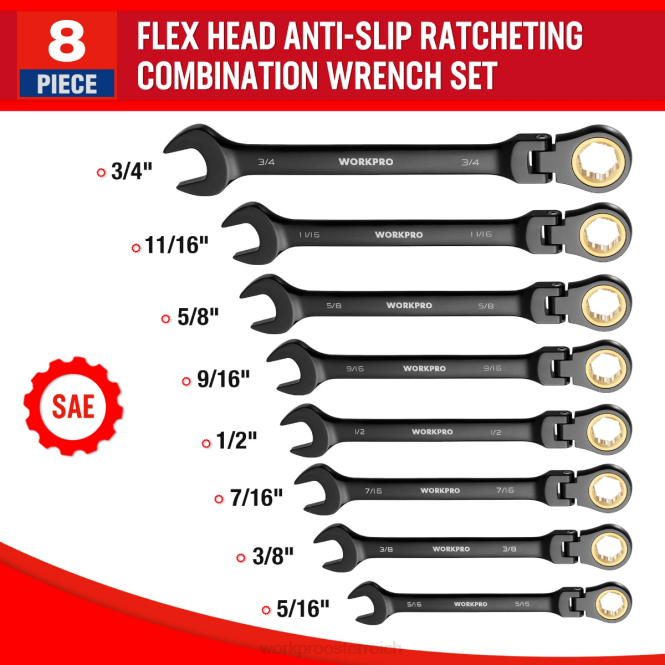 8-teiliger Ratschen-Gabelschlüsselsatz mit flexiblem Kopf und rutschfestem Schlüsselsatz WORKPRO V02J80 morden Werkzeug