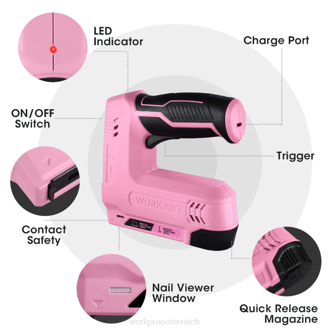 3,6 V 2,0 Ah batteriebetriebene elektrische kabellose 2-in-1-Heft- und Nagelpistole WORKPRO V02J265 rosa/grau Werkzeug
