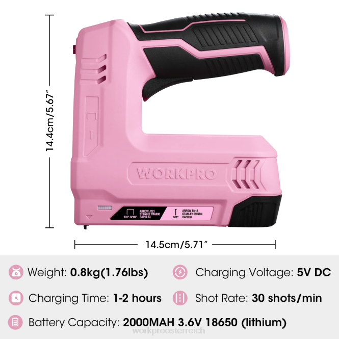 3,6 V 2,0 Ah batteriebetriebene elektrische kabellose 2-in-1-Heft- und Nagelpistole WORKPRO V02J265 rosa/grau Werkzeug