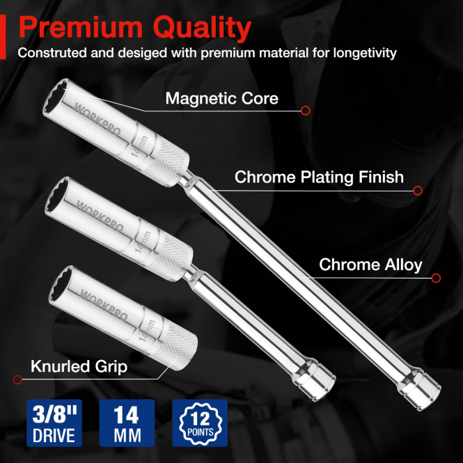 3-teiliges 14-mm-Dünnwandsteckdosen-Set mit 6- und 10-Zoll-Verlängerungen, magnetischer, drehbarer Zündkerzensteckschlüsselsatz WORKPRO V02J143 hilfreich Werkzeug