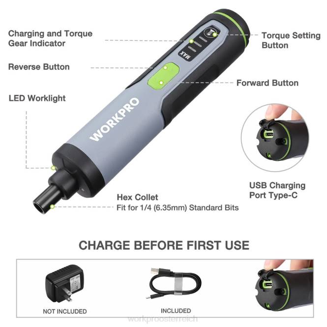 4-V-Elektroschrauber, wiederaufladbares Akkuschrauber-Set mit LED-Licht WORKPRO V02J232 nützlich Werkzeug