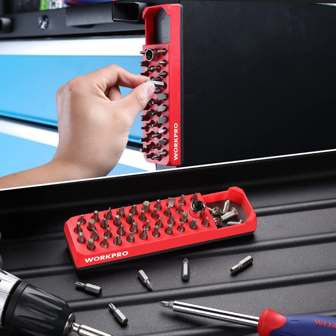 Magnetischer Sechskant-39-Loch-Schraubendreher-Bohrer-Organizer für 1/4-Zoll-Sechskant-Bit- und Antriebsbit-Adapter WORKPRO V02J132 rot blau Werkzeug