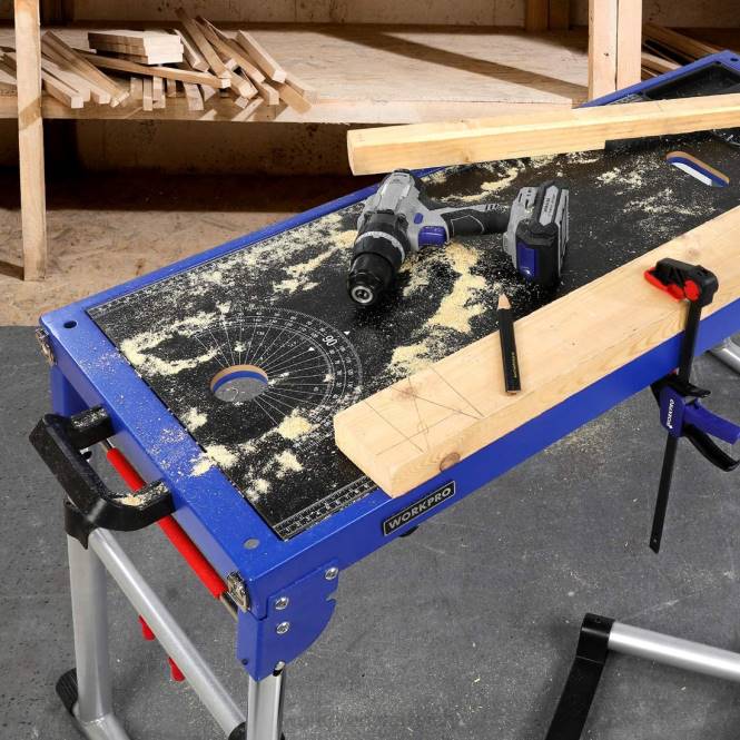 Gehrungssägenständer 5-in-1 tragbare Werkbank mit abnehmbarem Gehrungssägenständer und höhenverstellbaren Beinen WORKPRO V02J2 nützlich Lagerung