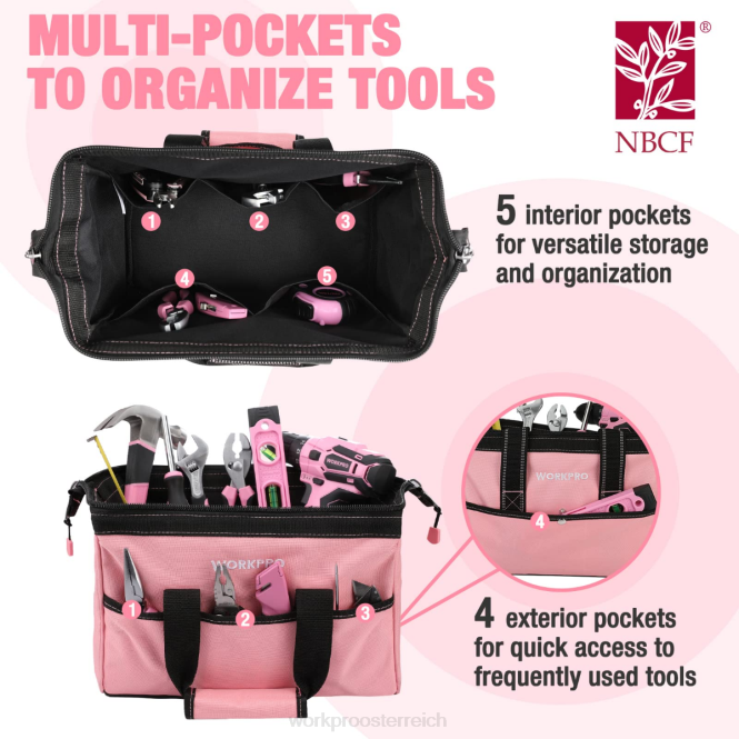 13-Zoll-Werkzeugtasche, Werkzeugaufbewahrungstaschen aus weichem Stoff WORKPRO V02J29 Rosa Lagerung