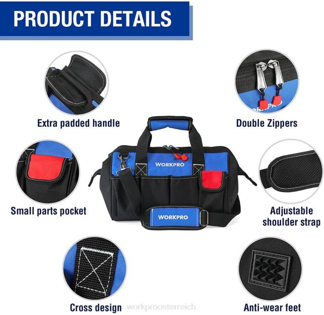 14-Zoll-Werkzeugtasche, Werkzeug-Organizer mit mehreren Taschen und verstellbarem Schultergurt WORKPRO V02J31 nützlich Lagerung