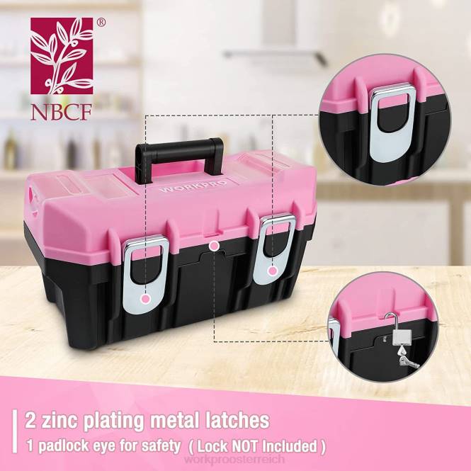 16-Zoll-Werkzeugkasten, Werkzeugkasten aus Kunststoff mit Metallriegel und herausnehmbarem Fach WORKPRO V02J23 Rosa Lagerung