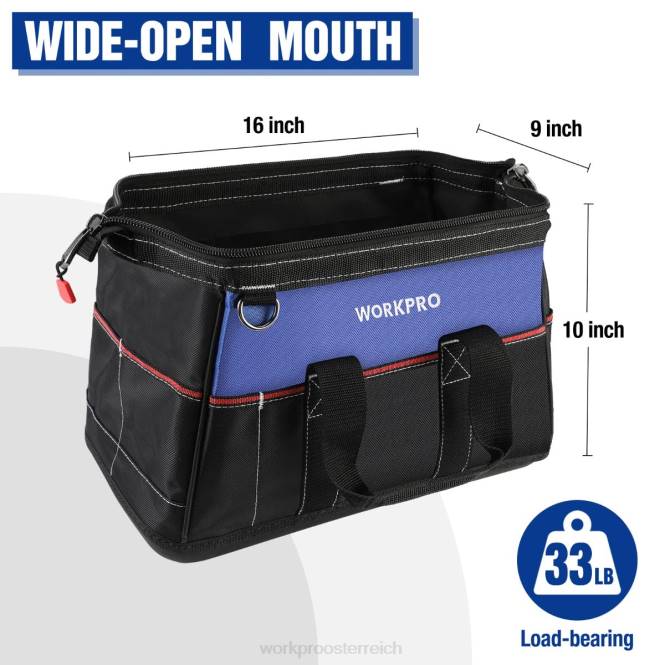 16-Zoll-Werkzeugtasche mit breiter Öffnung, strapazierfähige Werkzeugaufbewahrungstasche aus Stoff mit wasserfestem, geformtem Boden und verstellbarem Schultergurt WORKPRO V02J24 hilfreich Lagerung
