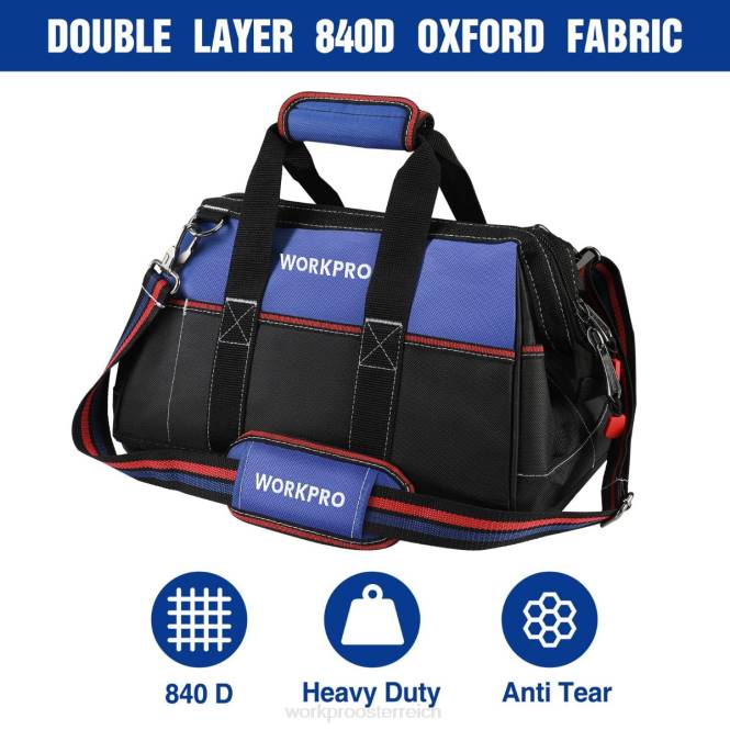 16-Zoll-Werkzeugtasche mit breiter Öffnung, strapazierfähige Werkzeugaufbewahrungstasche aus Stoff mit wasserfestem, geformtem Boden und verstellbarem Schultergurt WORKPRO V02J24 hilfreich Lagerung